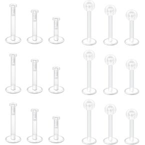 18PCS 16G Clear Push Top Piercing Retainers Earrings For Work, Bioflex Lip Rings Labret Helix Tragus Medusa Monroe Retainer For Women Men 6-10mm Bar Length