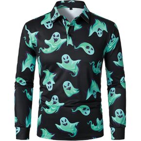 HOOD CREW Halloween Shirts for Men Horror Ghost Printed Long Sleeve Polo Shirts Costume Fun T Shirts