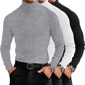 3 Pack Men's Ribbed Turtleneck Sweaters, Long Sleeve Mock Neck Pullover T Shirts Knitted Base Layer Basic Tee Tops