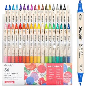Grabie 36 Colors Dot Paint Acrylic Paint Pens, Acrylic Paint Markers Dual Tip (Fine 1mm + Dot 5mm), Acrylic Markers for Fabric, Canvas, Rock, Glass, Wood, Paper, DIY, Dot Markers for Adults