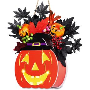[Timer & Lighted] Halloween Decorations Church Pumpkin Sign Halloween Wreath Jack-O-Lantern Maple Leafed Berried Witch Hat Tree Branch Battery Operated Halloween Decor for Home Door Wall Table Porch