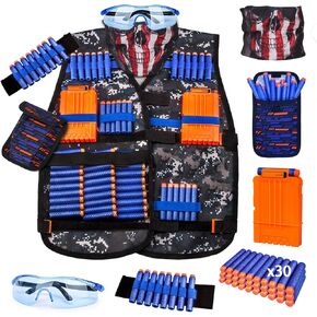 Kids Tactical Vest Kit for Nerf Guns Series with Refill Darts,Dart Pouch, Reload Clips, Tactical Mask, Wrist Band and Protective Glasses, Toys for 8 9 10 11 12 Year Boys