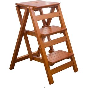 KINGBO Step Stool for Adults/Step Ladder/Counter Chair, 3-Step Folding Portable Wooden Step Stool, Anti-Slip & Lightweight (Nut - Brown)