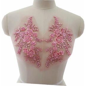2Pcs Embroidered Beads 3D Flower Applique Lace Fabric Collar Patches Sew Patch Wedding Bridal Gown Clothes Dress Decor DIY Crafts (Purple)