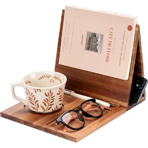 Wooden Book Stand Holder for Page Rest, Nook Reading Valet with Cup Mug Pen Holder, Triangle Stand for Nightstand Desktop Bedside, Book Lover Birthday Gifts for Readers (Dark Acacia)