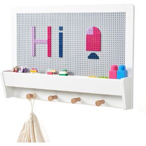 UTEX 2 in 1 Building Block Wall for Lego, Activity Wall Panel for Kids with Shelf and Hooks, Wood Kids Wall Shelf for Kids Room, Playrooom, Nursery