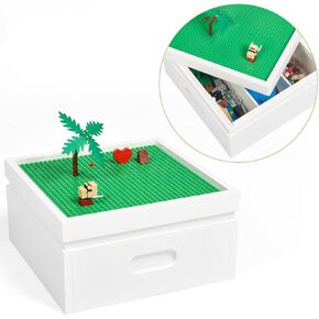 وحدة تخزين مكعبة قابلة للبناء من UTEX مع غطاء قاعدة للبناء من أجل Lego، منظم مكعبات بناء خشبية مع 3 مقصورات، صناديق تخزين الطوب المتوافقة مع طوب Lego وDuplo، أبيض