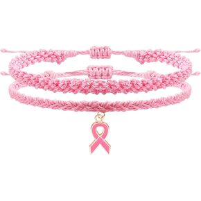tenghong2021 Braided Pink Ribbon Breast Cancer Awareness Bracelets for Women Handwoven Multilayer Rope Cord Thread Morse Code Inspirational Gift Infinity Love Jewelry