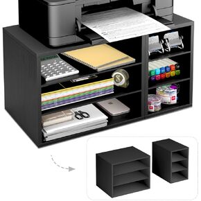 MARTY Printer Stand with Storage for Desk 22.5"x11.8" Large Desktop Printer Stand Shelf Riser with 6 Storage Compartments Wood Desk Paper Organzier File Organizer for Home/Office, Black