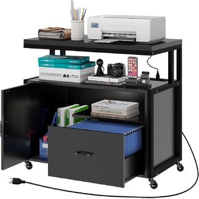 DWVO Home Office Printer Stand with Wheels, Printer Tables with File Drawer and Charging Post, Mobile Lateral Filing Cabinet with Open Storage Shelf for Letter/Legal/A4 Size Files, Black
