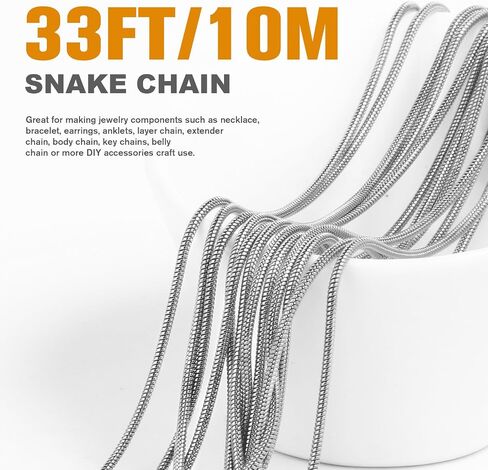 33 Feet Stainless Steel Snake Chains Roll, 1mm 304 Stainless Steel Round Snake Chain Bulk Spool for Jewelry Making DIY Craft in Saudi Arabia