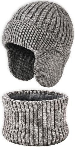 Exemaba للجنسين الاطفال Earflap قبعة ووشاح مجموعة 2PCS الشتاء الدافئة متماسكة الصوف مبطن الجمجمة قبعة الرقبة أكثر دفئا للبنين بنات 2-8y in Kuwait