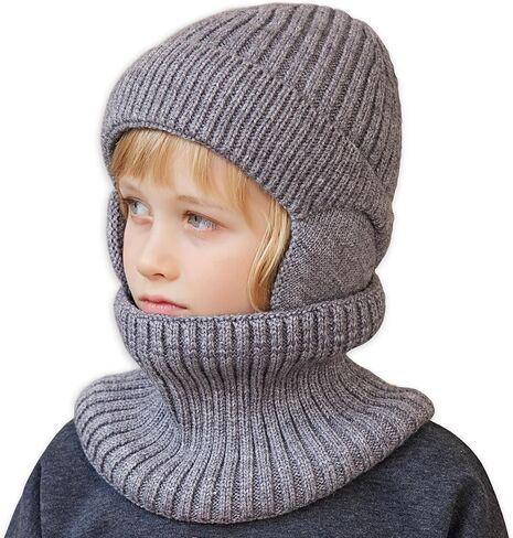 Exemaba للجنسين الاطفال Earflap قبعة ووشاح مجموعة 2PCS الشتاء الدافئة متماسكة الصوف مبطن الجمجمة قبعة الرقبة أكثر دفئا للبنين بنات 2-8y in Kuwait
