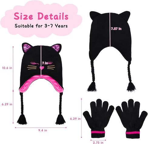 Girl Knit Cat Ear Beanie Hat and Glove Set Kids Winter Earflap with Braided Ski Skull Cap Mitten Set Age 3-7 in Kuwait