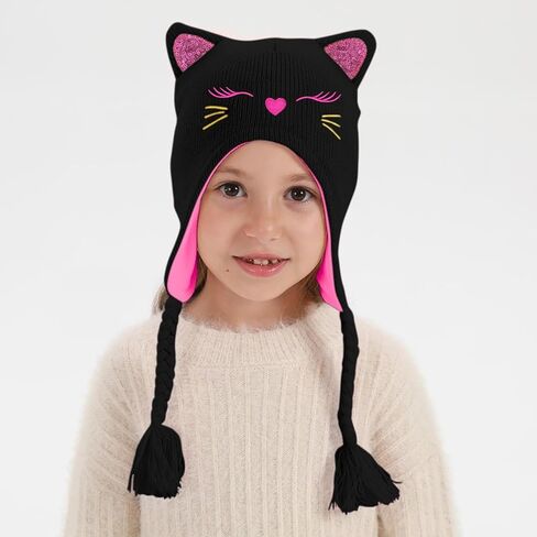 Girl Knit Cat Ear Beanie Hat and Glove Set Kids Winter Earflap with Braided Ski Skull Cap Mitten Set Age 3-7 in Kuwait