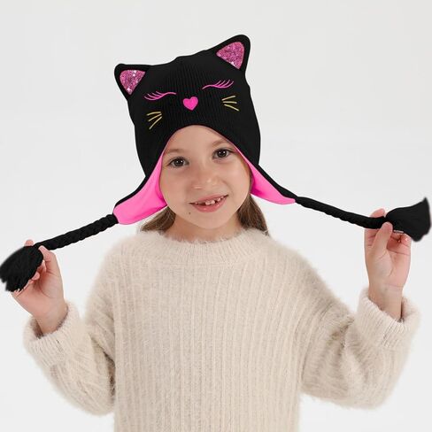 Girl Knit Cat Ear Beanie Hat and Glove Set Kids Winter Earflap with Braided Ski Skull Cap Mitten Set Age 3-7 in Kuwait