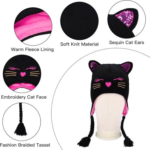 Girl Knit Cat Ear Beanie Hat and Glove Set Kids Winter Earflap with Braided Ski Skull Cap Mitten Set Age 3-7 in Kuwait