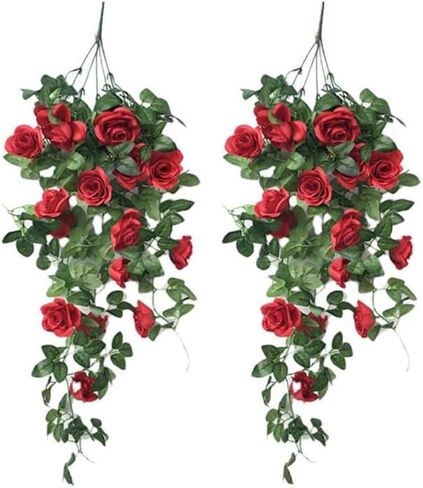 2 Pack Artificial Hanging Flowers, Fake Hanging Plants Colorful Rose Flower Bouquet for Wall Home Room Garden Wedding Indoor Outdoor Spring Decoration (White) in Saudi Arabia