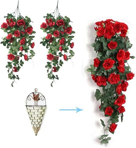 2 Pack Artificial Hanging Flowers, Fake Hanging Plants Colorful Rose Flower Bouquet for Wall Home Room Garden Wedding Indoor Outdoor Spring Decoration (White) in Saudi Arabia