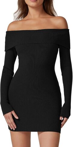 QINSEN Women's Off The Shoulder Ribbed Knit Sweater Dress Folded Neck Long Sleeve Mini Dress 2024 Trendy Fall Outfits in Kuwait