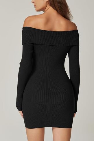 QINSEN Women's Off The Shoulder Ribbed Knit Sweater Dress Folded Neck Long Sleeve Mini Dress 2024 Trendy Fall Outfits in Kuwait