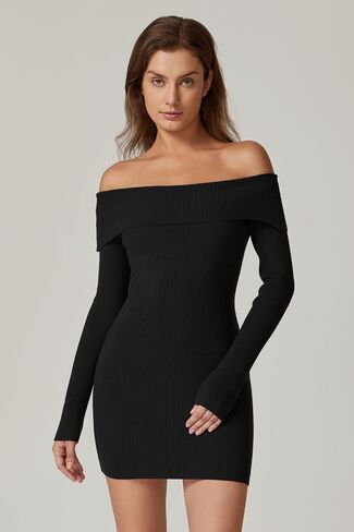 QINSEN Women's Off The Shoulder Ribbed Knit Sweater Dress Folded Neck Long Sleeve Mini Dress 2024 Trendy Fall Outfits in Kuwait
