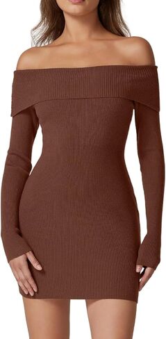 QINSEN Women's Off The Shoulder Ribbed Knit Sweater Dress Folded Neck Long Sleeve Mini Dress 2024 Trendy Fall Outfits in Kuwait