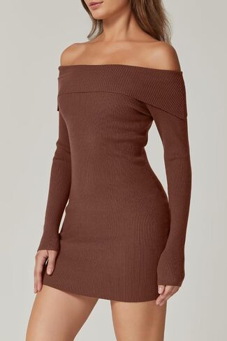 QINSEN Women's Off The Shoulder Ribbed Knit Sweater Dress Folded Neck Long Sleeve Mini Dress 2024 Trendy Fall Outfits in Kuwait