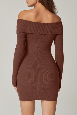 QINSEN Women's Off The Shoulder Ribbed Knit Sweater Dress Folded Neck Long Sleeve Mini Dress 2024 Trendy Fall Outfits in Kuwait