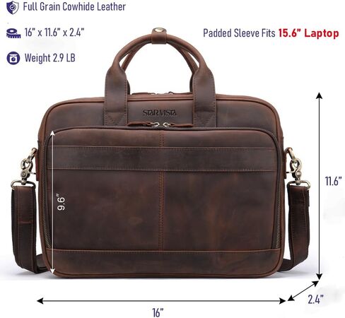 STAR VISTA Siro 15.6" Slim Laptop Messenger Bag, Full Grain Leather Briefcase, YKK Zippers, Brass Hardware in Kuwait