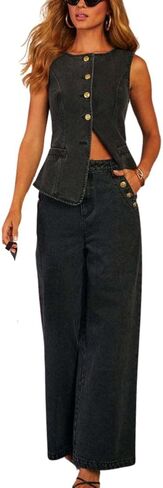 ELFTOWN Women's Denim 2 Piece Outfits Casual Button Down Sleeveless Top Trendy High Waist Jean Shorts in Saudi Arabia