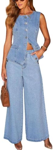 ELFTOWN Women's Denim 2 Piece Outfits Casual Button Down Sleeveless Top Trendy High Waist Jean Shorts in Saudi Arabia
