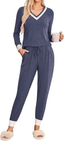Blooming Jelly Womens Pajama Sets 2 Piece Textured Lounge Set Color Block Pj Sets Soft Sleepwear Pockets 2024 in Saudi Arabia
