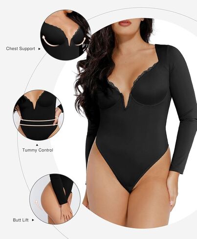 Popilush Lace Shapewear Bodysuit Long Sleeve Body suits Womens Deep V Neck Tummy Control Corset Top Trendy Going Out Tops in Saudi Arabia