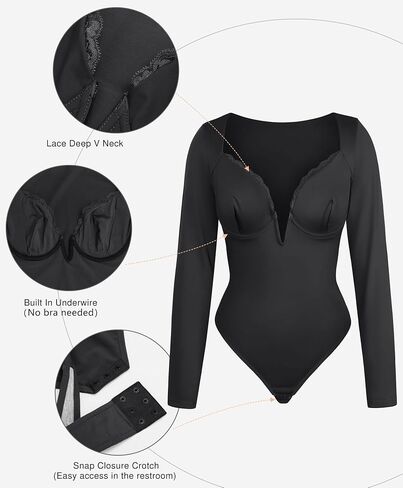Popilush Lace Shapewear Bodysuit Long Sleeve Body suits Womens Deep V Neck Tummy Control Corset Top Trendy Going Out Tops in Saudi Arabia