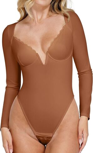 Popilush Lace Shapewear Bodysuit Long Sleeve Body suits Womens Deep V Neck Tummy Control Corset Top Trendy Going Out Tops in Saudi Arabia