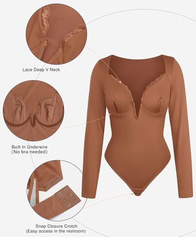 Popilush Lace Shapewear Bodysuit Long Sleeve Body suits Womens Deep V Neck Tummy Control Corset Top Trendy Going Out Tops in Saudi Arabia