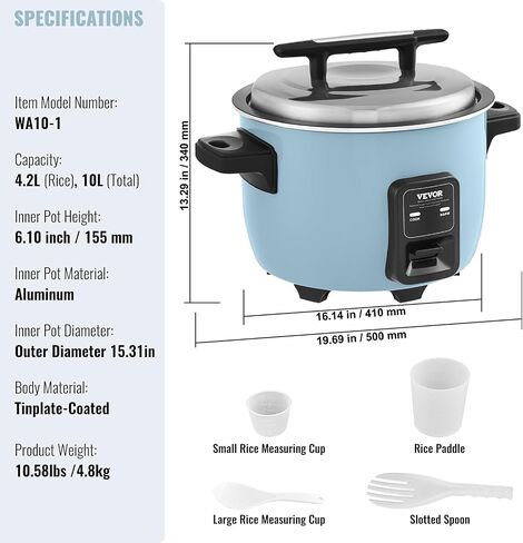 VEVOR Commercial Rice Cooker, 50-Cup Rice Cooker, 10.57 Qt / 10 Liter Large Rice Cooker and Warmer with Nonstick Inner Pot, Fast Cooking and 24-Hour Keep Warm, with Rice Cup and Paddle, for Restaurant in Saudi Arabia