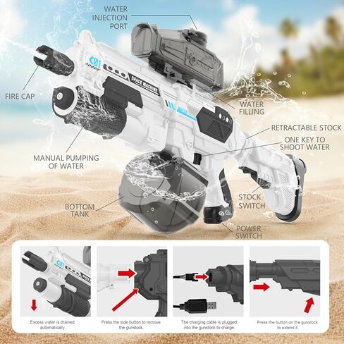 Electric Water Gun, Automatic Water Gun Powerful Full Auto Water Guns High Capacity with Tank and Water Bottles Can be Added 30 Feet Long Range Squirt Guns for Adults and Kids (White) in Saudi Arabia