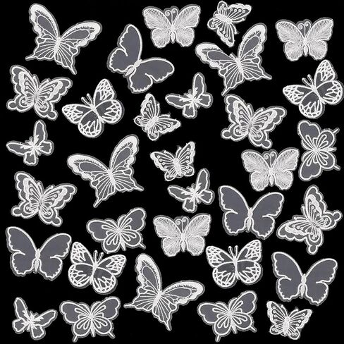 32 PCS White Lace Butterfly Applique Embroidery Organza Fabric Embroidery Butterflies Patches Sew Iron On Patch for Wedding Bridal Dress Craft DIY Clothes Hair Ornaments Dress/Hat/Bag Decoration in Saudi Arabia