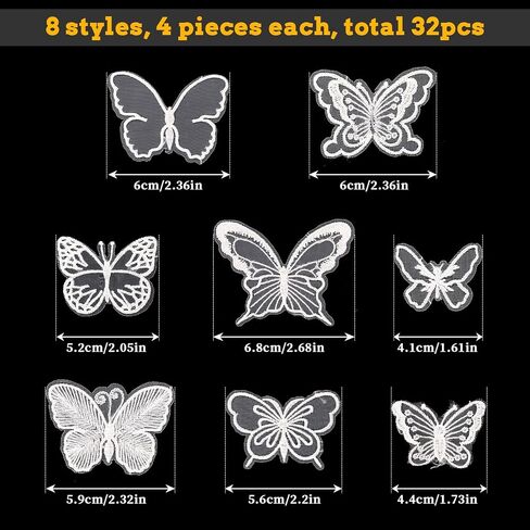 32 PCS White Lace Butterfly Applique Embroidery Organza Fabric Embroidery Butterflies Patches Sew Iron On Patch for Wedding Bridal Dress Craft DIY Clothes Hair Ornaments Dress/Hat/Bag Decoration in Saudi Arabia