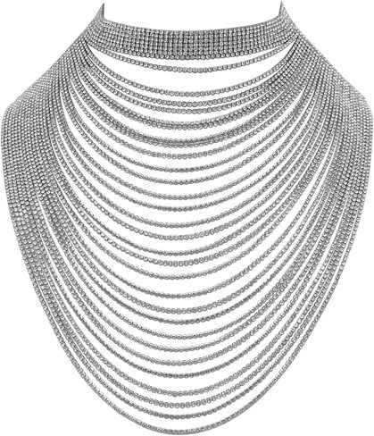 قلادة Rosemarie & Jubalee النسائية Extreme Glamour 30 صفًا من أحجار الراين الكريستالية المتدلية ذات الياقة المريلة للزفاف متعددة الخيوط، 12 بوصة + 3 بوصة ممتدة in Kuwait