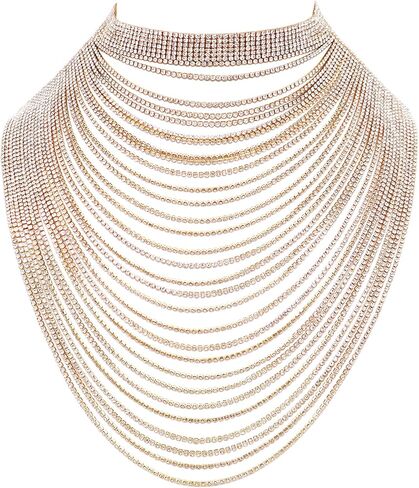 Rosemarie & Jubalee Women's Extreme Glamour 30 Rows Of Draped Crystal Rhinestones Statement Multistrand Bridal Bib Collar Necklace, 12"+3" Extender in Saudi Arabia
