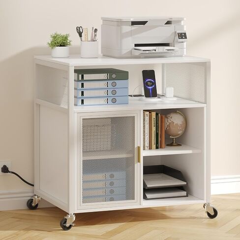 Printer Stand with Storage, File Cabinet w/Wheels and Charging Station, Industrial Printer Table for Home Office, 4-Tier Filing Cabinet for Printer Paper, Letter, File Organization(White) in Saudi Arabia