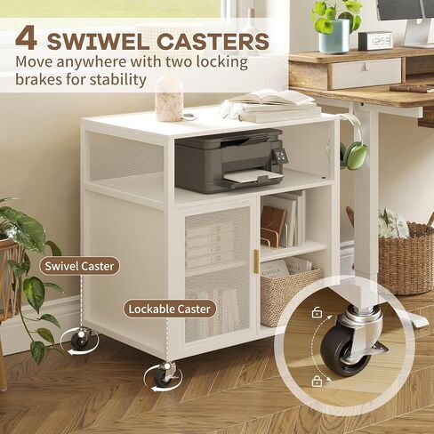 Printer Stand with Storage, File Cabinet w/Wheels and Charging Station, Industrial Printer Table for Home Office, 4-Tier Filing Cabinet for Printer Paper, Letter, File Organization(White) in Saudi Arabia