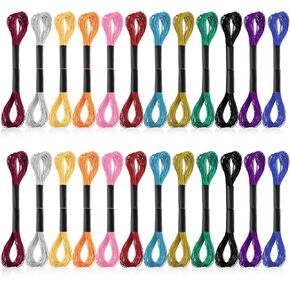 24 Skeins Metallic Embroidery Thread, Multicolor Embroidery Floss Friendship Bracelet String Rainbow Needlework Supplies Cross Stitch Embroidery Thread for DIY Bracelets Sewing Crafts Making