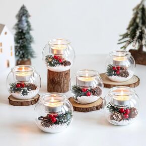 Hewory Christmas Tealight Candle Holders: Glass Tea Light Candle Holder Set of 6, Ball Candl Holders with Red Berry and Pinecone, Christmas Table Decorations for Dinner Holiday Party Fireplace Mantle