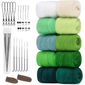 Needle Felting Wool 100g, 10 Colors Felting Wool, Wool Roving Kit with 100g Wool for Felting, Felting Needles, Wool Roving for Felting, Roving Wool in Green Series, Wool Roving for Spinning DIY Craft