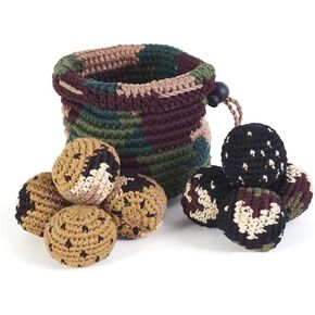 Buena ONDA Hacky Sack Mini Bag Toss Game - Canasta Ball Yippi Yappa Kit - Camo Edition - Crocheted Mini Bag Toss Game for Kids and Adults - Color Coded Balls with Basket, Indoor/Outdoor Play