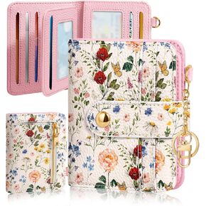 Bistup Wallet for Women Cute Small Card Wallet Rfid with Keychain for Ladies Teen Girls Female Girly Aesthetic Flower Floral Unique Kawaii Pretty Modern Bifold Leather Credit Card Holder Purse